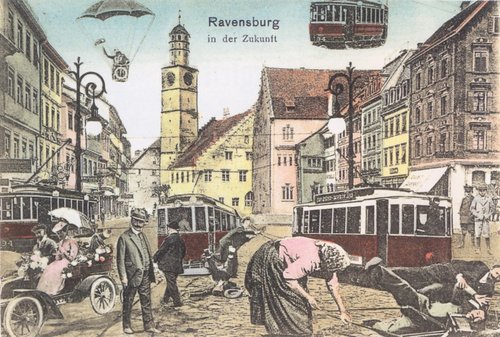 Ravensburg in der Zukunft: Edwardian German Future-City Postcard c.1910