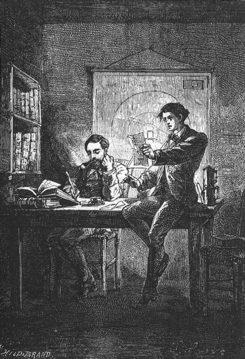 Hildibrand Engraving: Scientists Examine Data, Jules Verne Era Book Plate