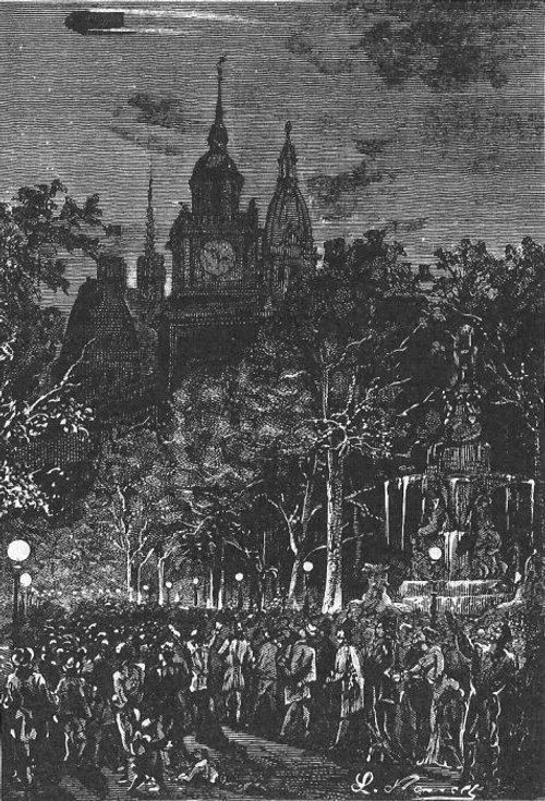 Airship Over Festive City Crowd — Léon Benett, The Begum's Fortune 1879