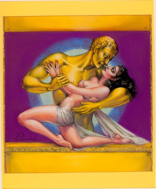 Margaret Brundage Pastel: Golden Automaton Seizes Woman, Weird Tales 1930s