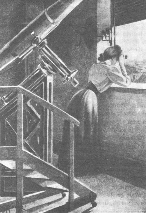 Woman at Observatory Window with Refractor Telescope, c.1900s