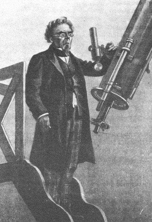 Victorian Astronomer at Large Refracting Telescope — Early Sci-Fi Book Illustration
