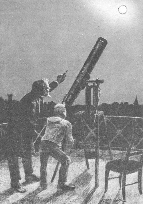 Solar Eclipse Observation on Rooftop — Victorian Astronomical Sci-Fi Illustration