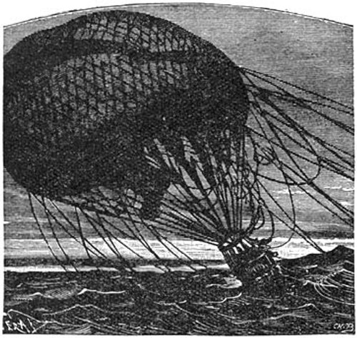 Balloon Wreck at Sea — Victorian Jules Verne Era Engraving, c.1880s