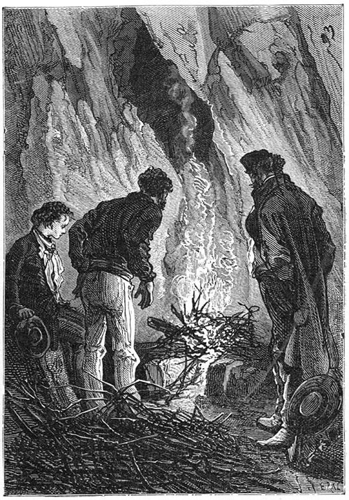 Jules Verne's Mysterious Island — Explorers' Cave Fire, Victorian Engraving