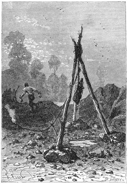 Édouard Riou – Primitive Tripod Snare, Jules Verne Victorian Engraving
