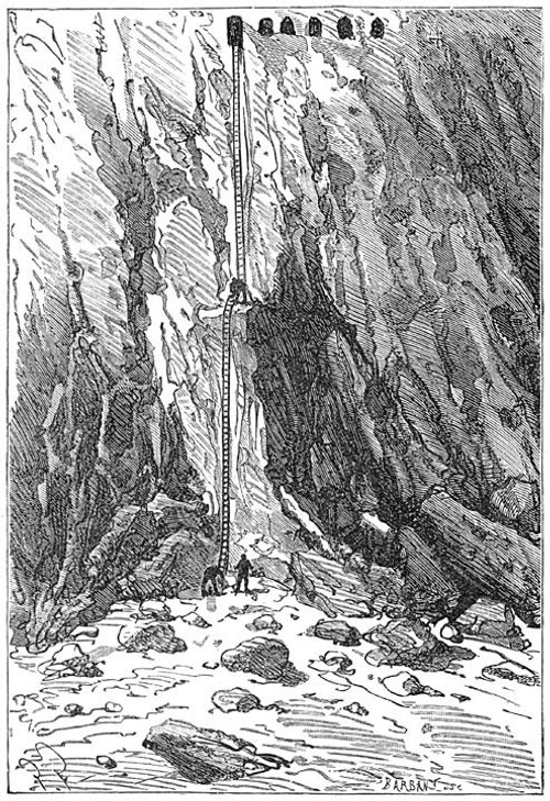 Jules Verne's Mysterious Island – Ladder Descent into Volcanic Chasm, Barbant Engraving
