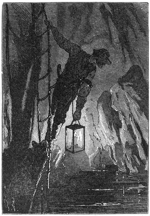 Jules Verne's Mysterious Island – Cave Explorer with Lantern, Victorian Engraving