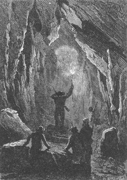 Jules Verne's Mysterious Island — Cave Exploration Engraving, 1870s