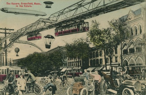 Edwardian Futurist Postcard: Greenfield Mass. Square With Monorail & Zeppelin, c.1910