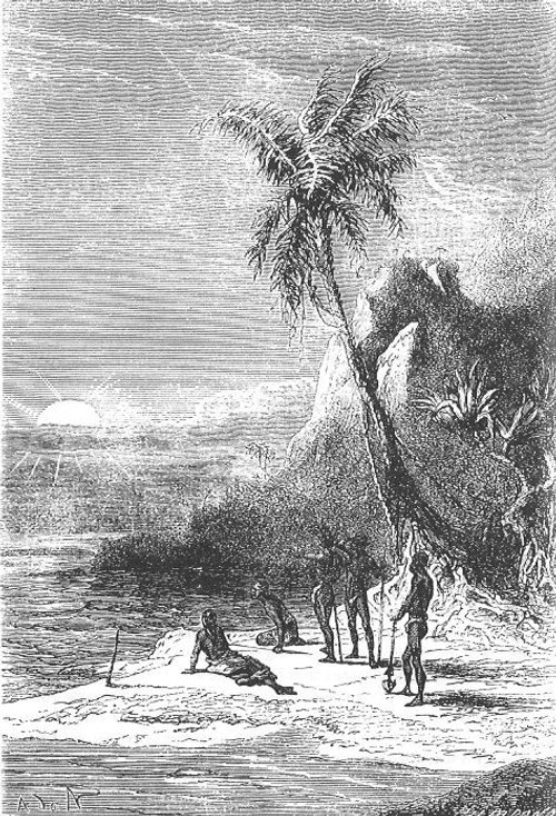 Mysterious Island Natives at Dusk — Riou Engraving, Verne 1870s