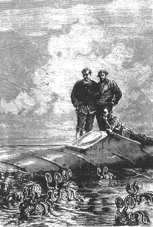 Nautilus Crew Surrounded by Sea Creatures – Verne's 20,000 Leagues Engraving
