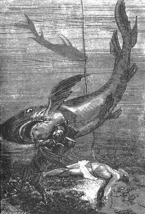 Riou's Underwater Diver Battles Giant Fish — Verne's 20,000 Leagues