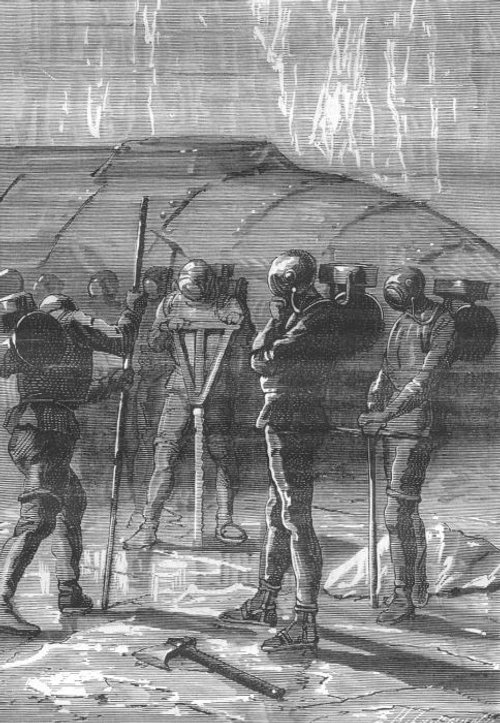 Armored Explorers in Toxic Cavern — Victorian Sci-Fi Engraving c.1870s