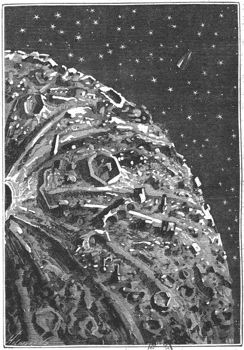 Comet or Asteroid Close-Up with Distant Rocket, Victorian Space Engraving