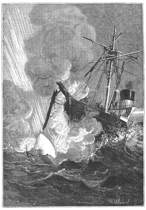 Jules Verne 'Around the Moon' — Projectile Strikes Ship, 1870s Engraving