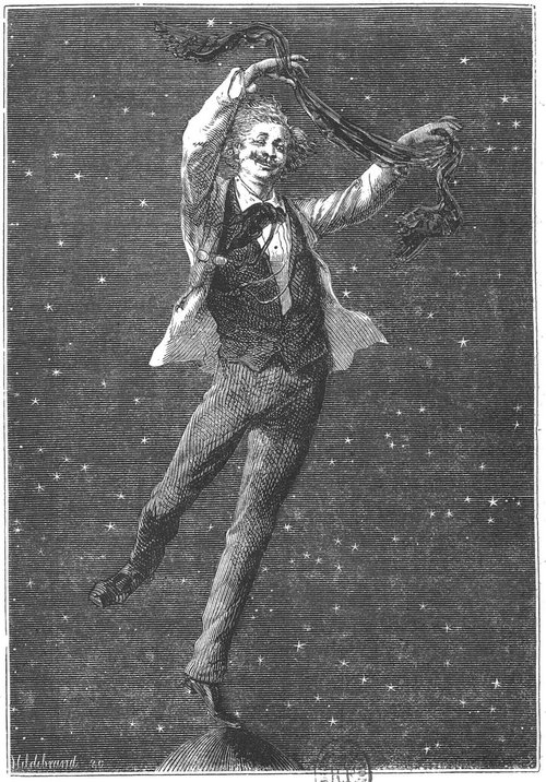 Man Floating in Starfield Breaking Chains — Hildebrand 1880s Engraving