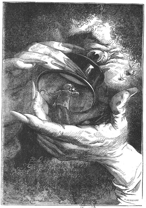 Gulliver-Scale Giant Cradles Tiny Man in Watch Lid — Verne's Around the Moon, 1870