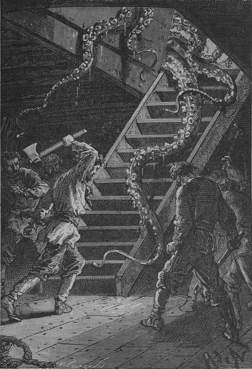 Giant Squid Attack on the Nautilus — Verne's 20,000 Leagues, c.1870s