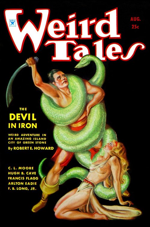 Conan Battles Giant Serpent — Weird Tales August 1934, Robert E. Howard