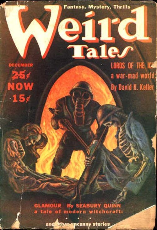 Weird Tales Dec 1939 Gas-Masked Soldier Lords of the Ice Cover