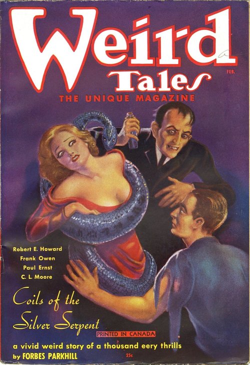 Weird Tales Feb 1936 – 'Coils of the Silver Serpent' Snake & Villain Cover