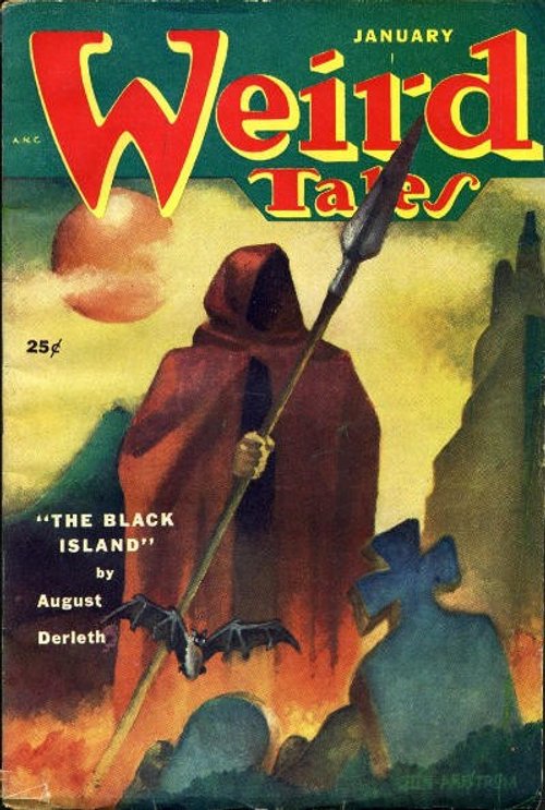 Weird Tales January: Hooded Reaper with Spear Over Graveyard, Derleth