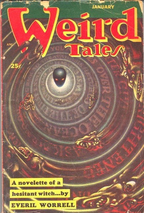 Weird Tales January — Hypnotic Vortex Eye with Demon Faces, Everil Worrell