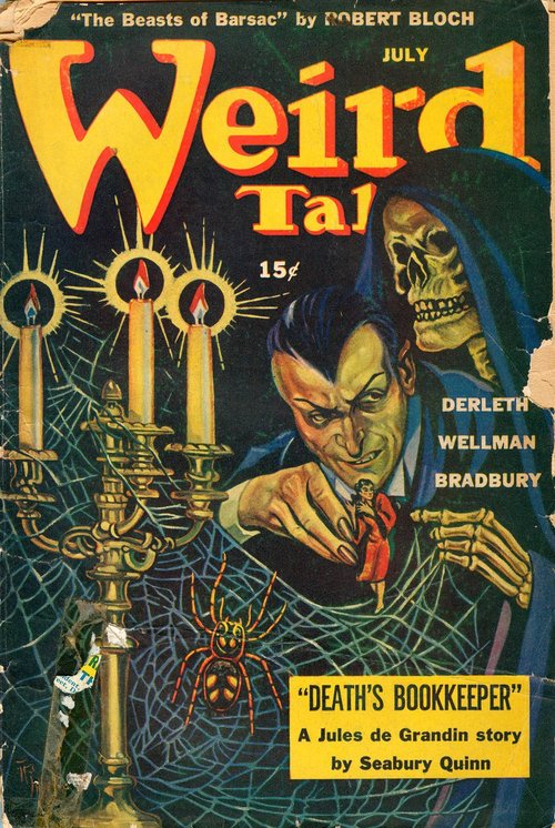 Weird Tales July — Death's Bookkeeper, Skeleton & Vampire Spider Web Cover