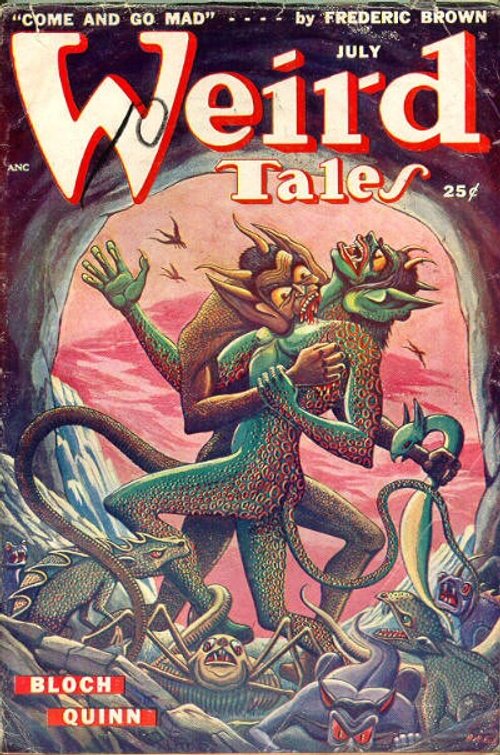 Weird Tales July 1948 — Demon Battles Serpent Creatures in Cave