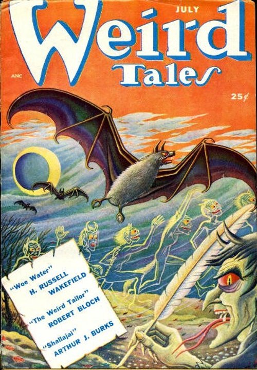 Giant Bat Terrorizes Sea Demons — Weird Tales July Pulp Cover
