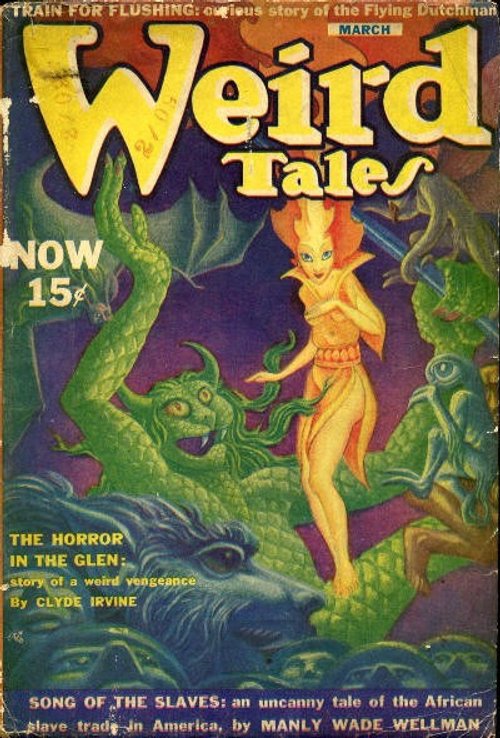 Weird Tales March — Golden Serpent Goddess Amid Green Demons, 1930s Pulp Cover