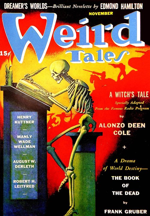 Skeleton Scribe Reading Book of the Dead – Weird Tales November Pulp Cover