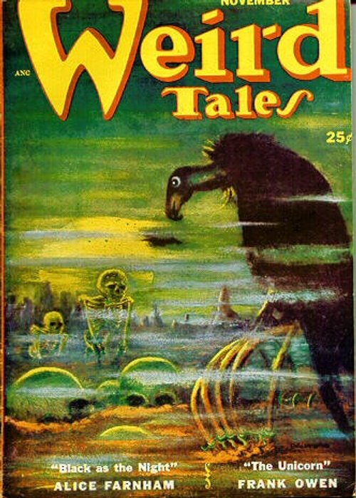 Weird Tales Nov 1952 — Giant Black Raven Stalks Skeletal Wasteland