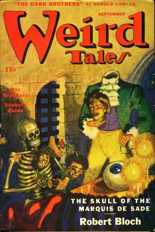 Weird Tales Sept 1945 — Robert Bloch's Skull of the Marquis de Sade Cover