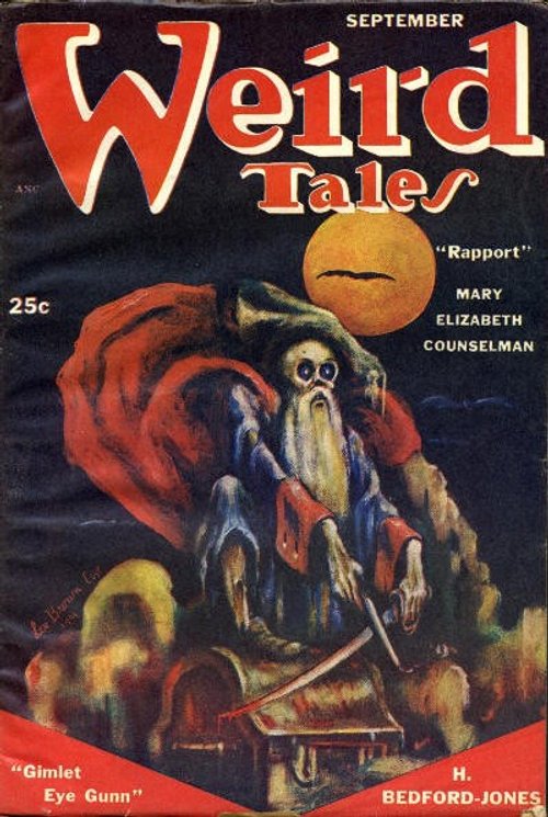 Weird Tales September 1943 — Skeletal Sorcerer Under Blood Moon Cover