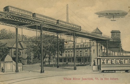 White River Junction, VT: Monorail & Airship Future Vision Postcard c.1905