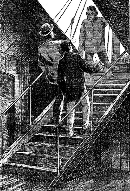 Figures Ascending Ship Gangway — Jules Verne Era Maritime Illustration c.1904
