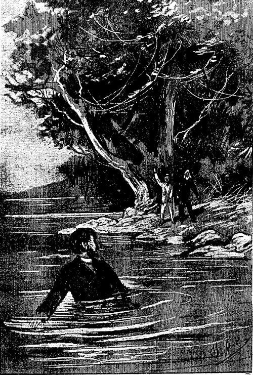 Man Wading River at Night, Jules Verne Adventure Engraving c.1904