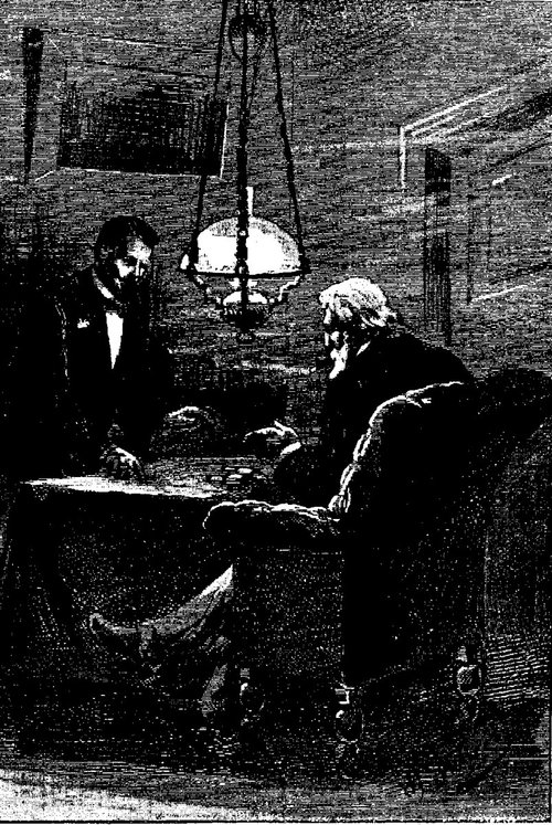 Two Men at Instrument Console — Jules Verne Era Interior, c.1904