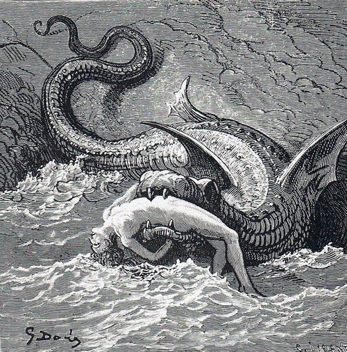 Gustave Doré's Sea Monster Devouring Andromeda, Victorian Engraving c.1860s