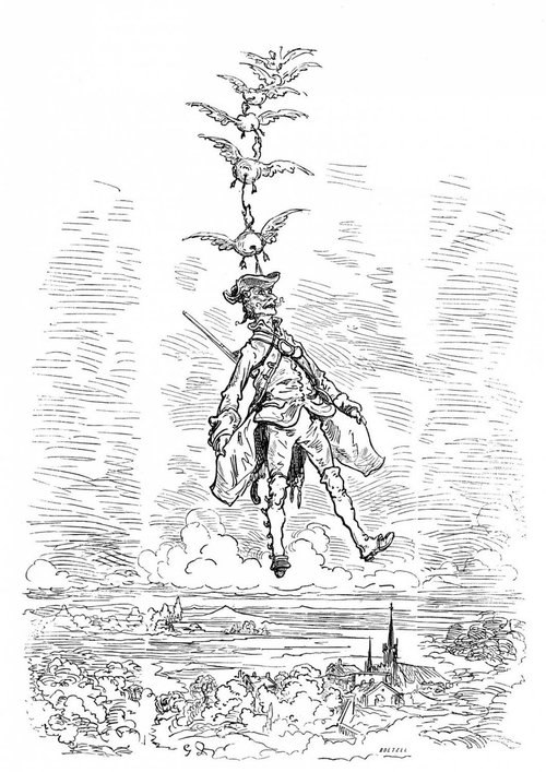 Baron Munchausen Lifted by Wild Ducks — Gustave Doré Engraving