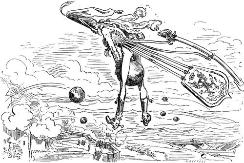 Albert Robida's Baron Munchausen Flies by Giant Musical Instrument