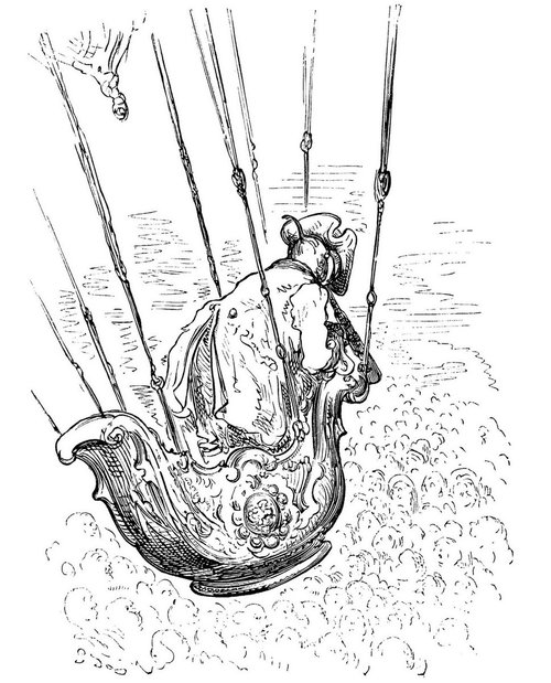 Doré's Baron Munchausen Ascends by Eagle-Pulled Gondola Above the Clouds
