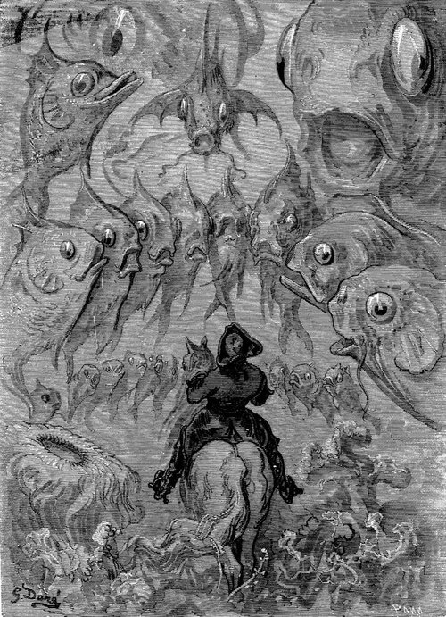 Gustave Doré's Baron Münchhausen Surrounded by Fantastical Creatures