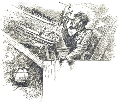 H.G. Wells' War of the Worlds 1906 — Astronomer at Telescope Watches Mars