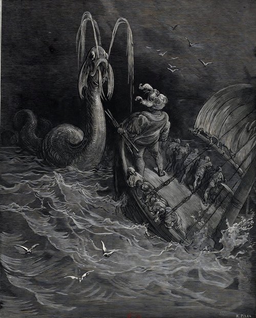 Gustave Doré's Sea Monster Attack — Jules Verne Leviathan Engraving
