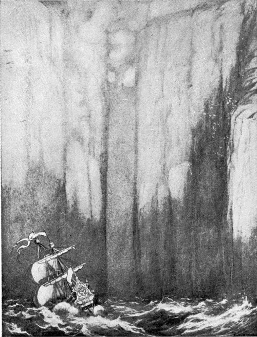 The Gate of Yann — Tall Cliffs Dwarf a Galleon on the River Yann