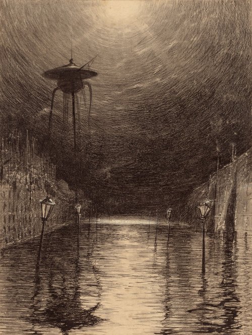 Henrique Alvim Corrêa's Martian Tripod Over Flooded Street – War of the Worlds 1906