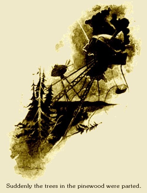 Warwick Goble's Martian Tripod Crashes Through Pinewood – War of the Worlds 1897